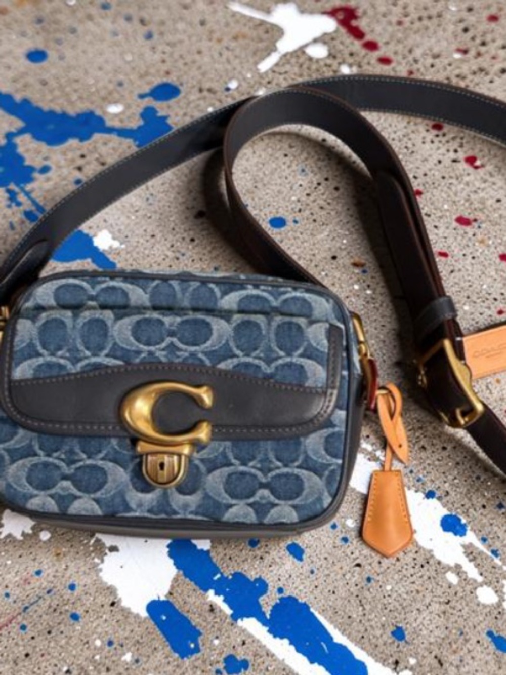 Coach Blue Denim Signature C  Crossbody Bag with Tan Accents - Picture 3 of 15